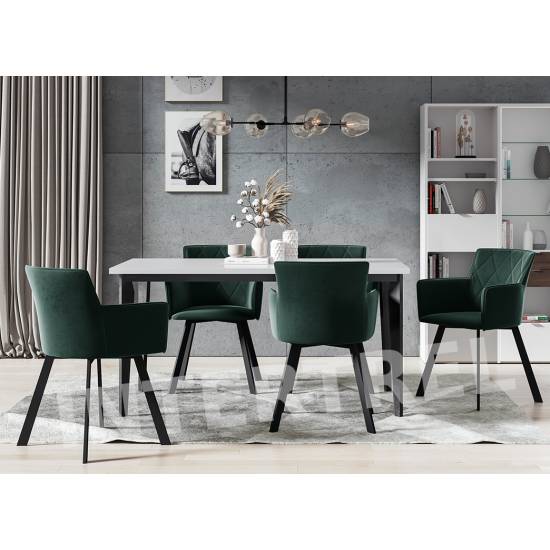 Set MODERN: Esstisch 80x150-190 MODERN M24 Tischplatte weiß glänzend und 5 Stühle MODERN M4 mit Karo-Nähen