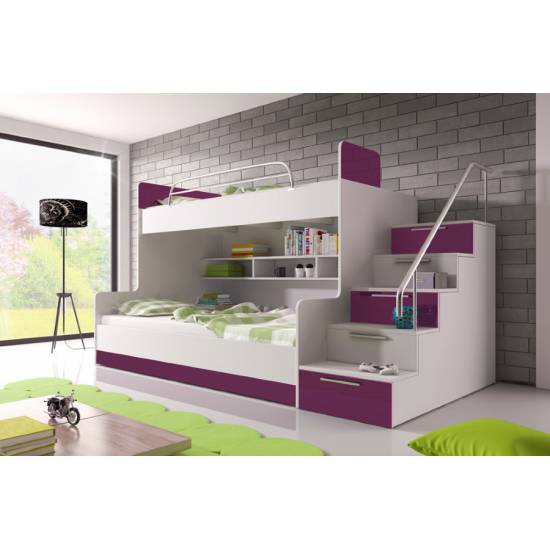 MAJA 2 Hochbett Kinderbett mit 2 Schlafgelegenheiten schwarz, rosa, grau, violett, türkis