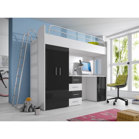 MAJA 4D Hochbett mit Schreibtisch, Bett und Kleiderschrank in Hochglanz weiß, schwarz, rosa, grau, violett, türkis