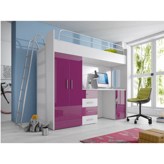 MAJA 4D Hochbett mit Schreibtisch, Bett und Kleiderschrank in Hochglanz weiß, schwarz, rosa, grau, violett, türkis