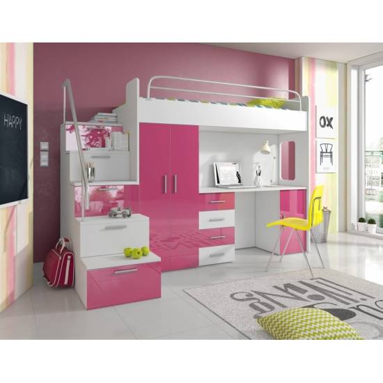 MAJA 4S Hochbett mit Kleiderschrank Schreibtisch Treppe in in Hochglanz weiß, schwarz, rosa, grau, violett, türkis