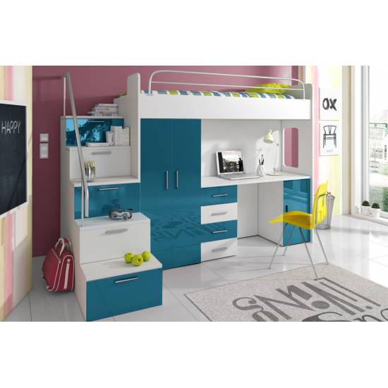 MAJA 4S Hochbett mit Kleiderschrank Schreibtisch Treppe in in Hochglanz weiß, schwarz, rosa, grau, violett, türkis